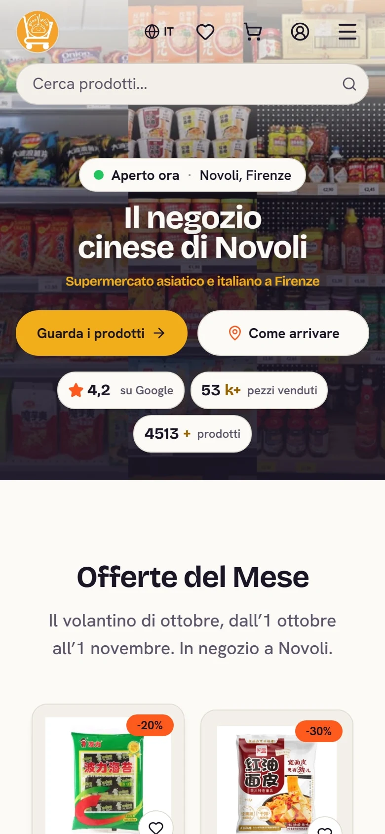 GiaoGiao Market: a página inicial no telemóvel